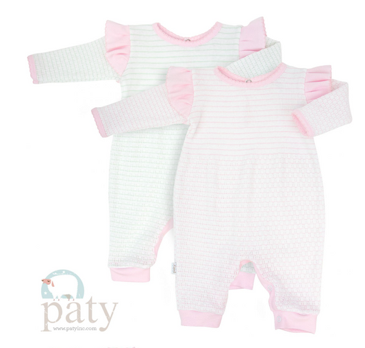 Paty inc. Green and white striped romper with Pink ruffle
